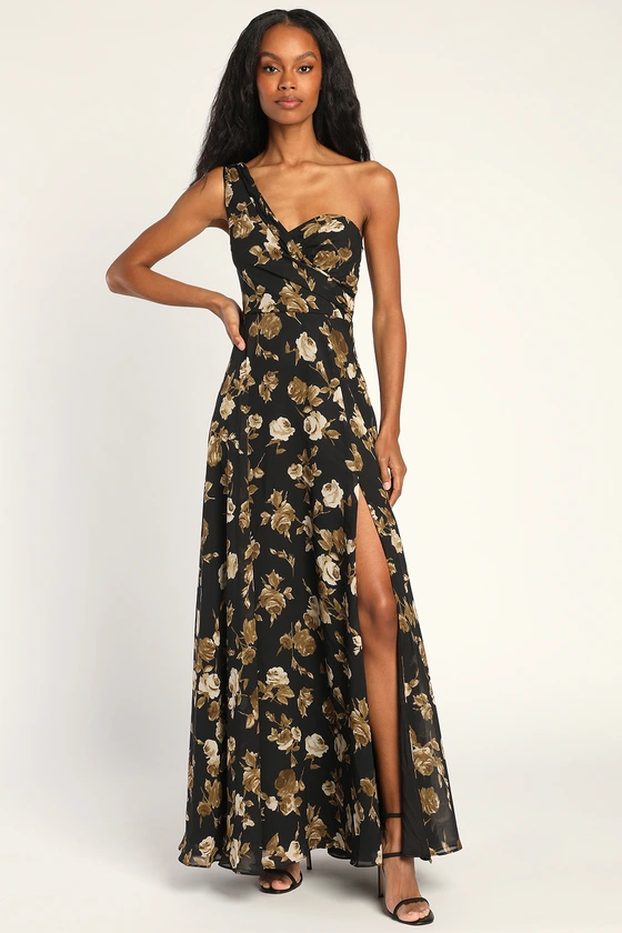 Fashionably Refined Black Floral Print One-Shoulder Maxi Dress front