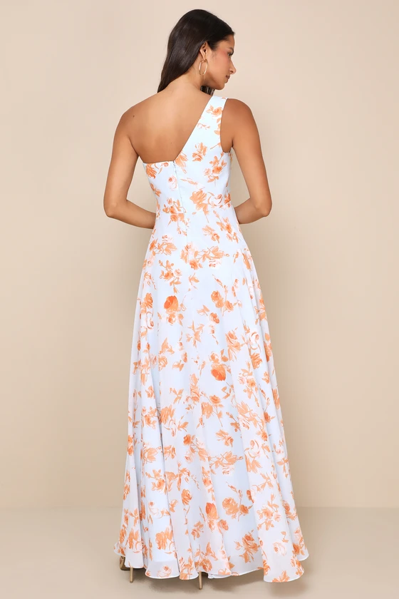 Fashionably Refined Light Blue Floral One-Shoulder Maxi Dress back