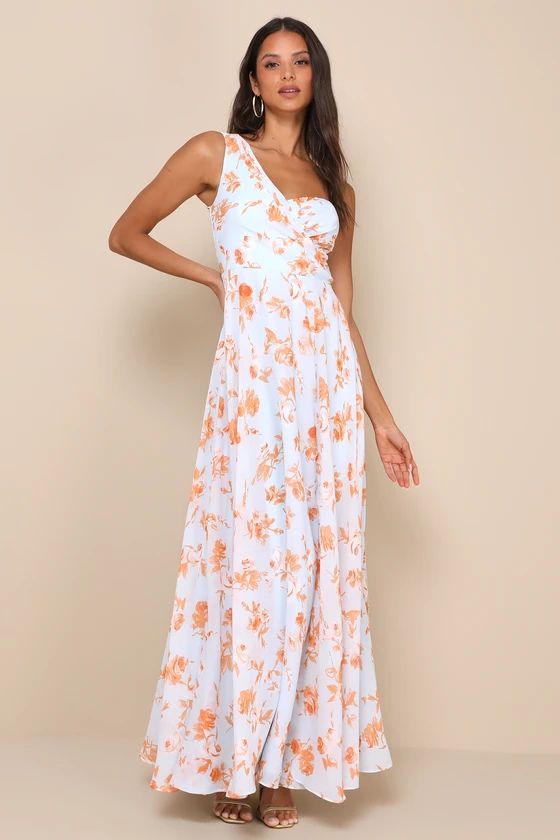 Fashionably Refined Light Blue Floral One-Shoulder Maxi Dress front.