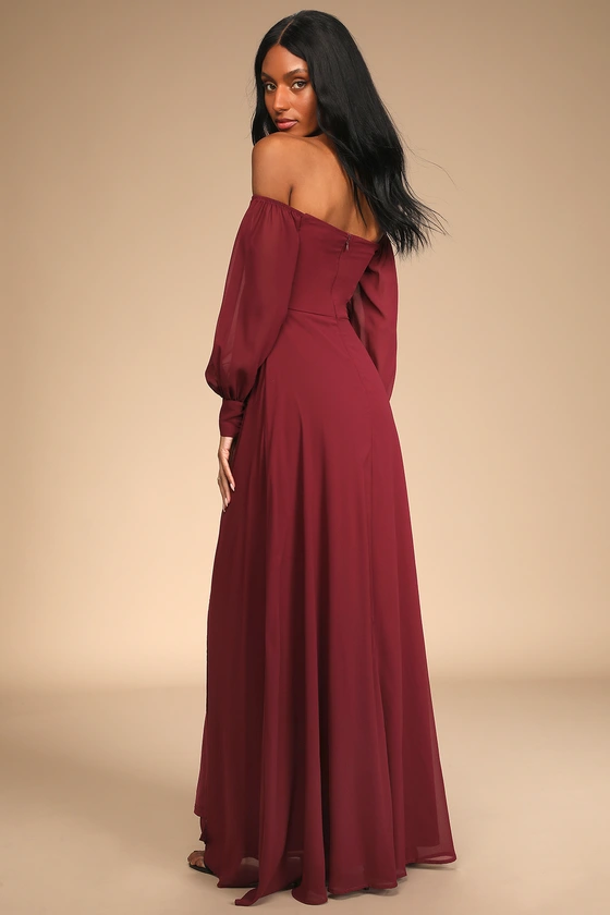 Feel the Romance Burgundy Off-the-Shoulder Maxi Dress Back