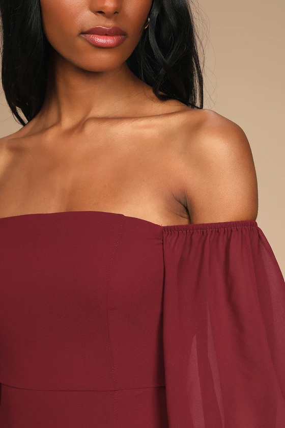 Feel the Romance Burgundy Off-the-Shoulder Maxi Dress Details.