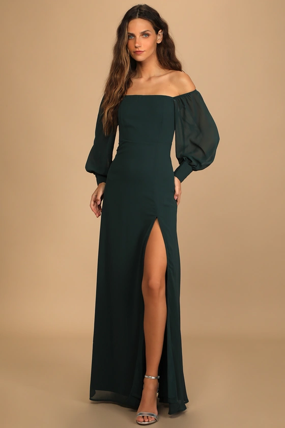 Feel the Romance Emerald Green Off-the-Shoulder Maxi Dress front.