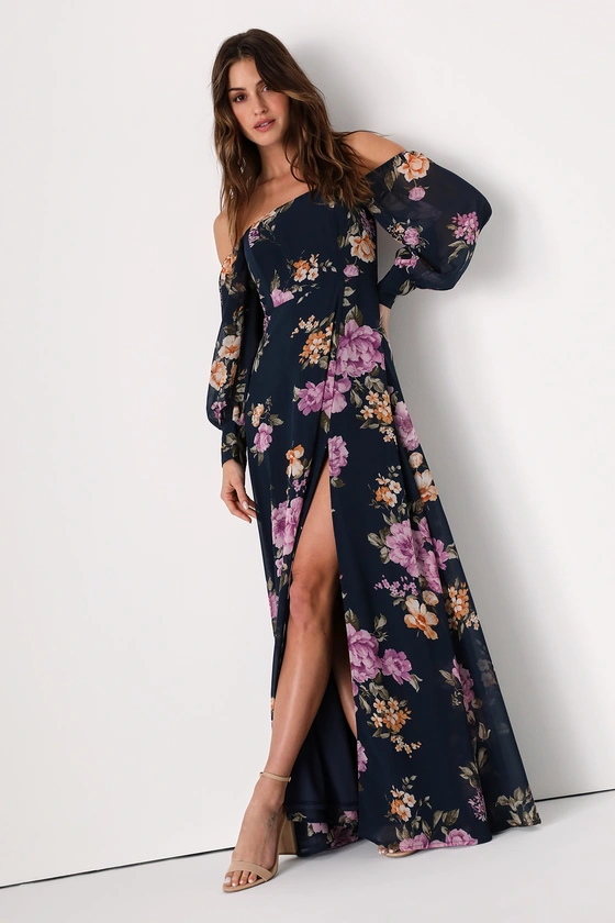 Feel the Romance Navy Blue Floral Off-the-Shoulder Maxi Dress front.