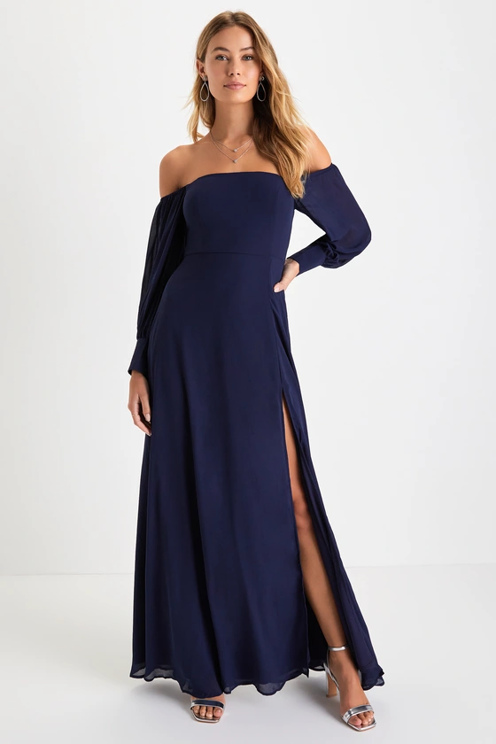 Feel the Romance Navy Blue Off-the-Shoulder Maxi Dress Front.