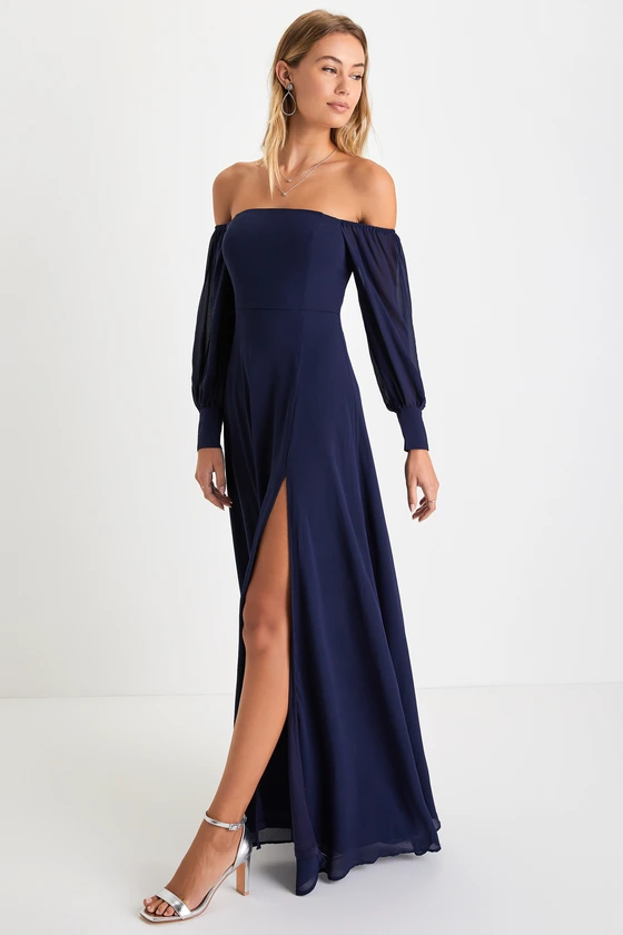 Feel the Romance Navy Blue Off-the-Shoulder Maxi Dress Front