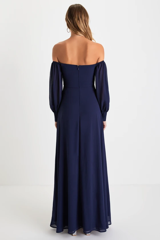 Feel the Romance Navy Blue Off-the-Shoulder Maxi Dress back