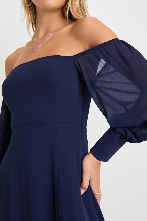 Feel the Romance Navy Blue Off-the-Shoulder Maxi Dress details