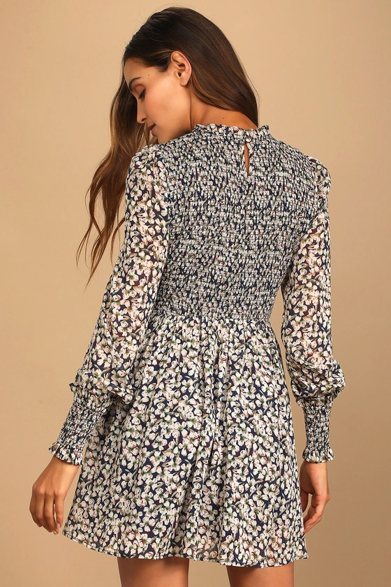 Floral Forever Navy Blue Floral Print Smocked Skater Dress back