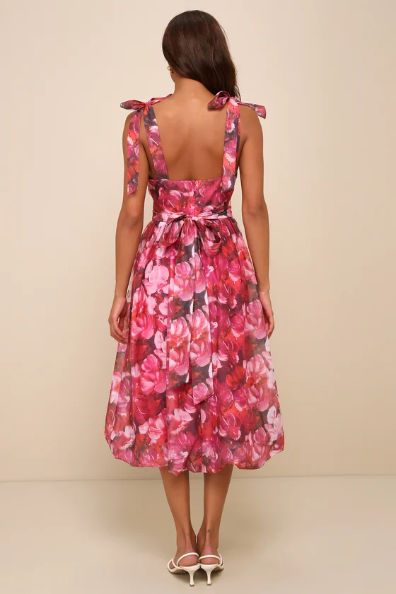 Flowering Day Dream Magenta Floral Organza Midi Bubble Dress back