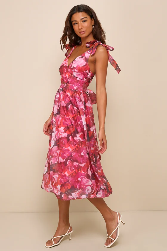 Flowering Day Dream Magenta Floral Organza Midi Bubble Dress front.