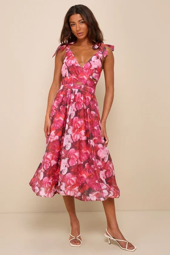 Flowering Day Dream Magenta Floral Organza Midi Bubble Dress front