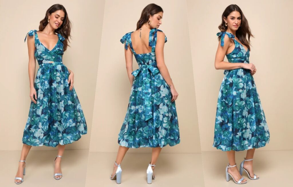 Flowering Day Dream Teal Blue Floral Organza Midi Bubble Dress