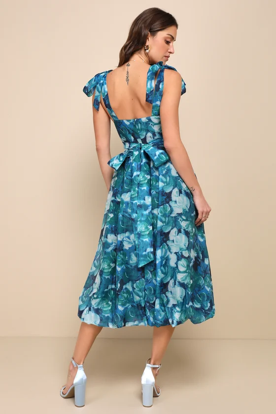 Flowering Day Dream Teal Blue Floral Organza Midi Bubble Dress back