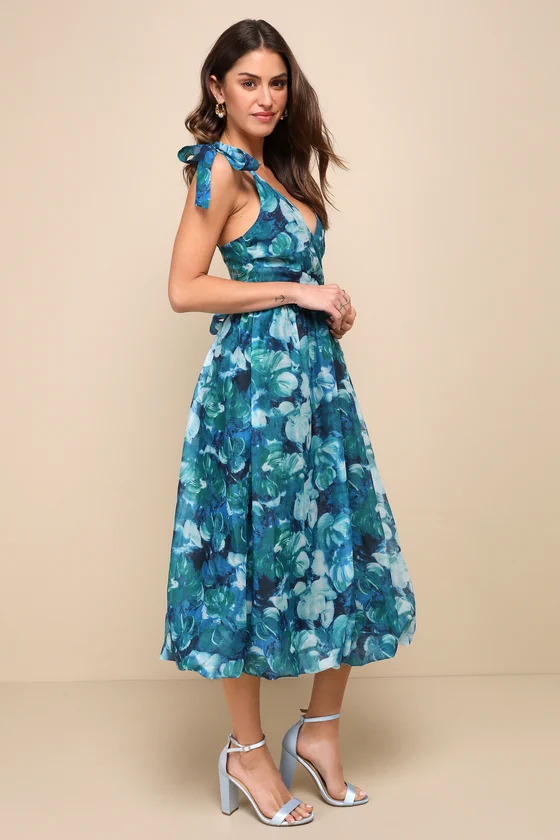 Flowering Day Dream Teal Blue Floral Organza Midi Bubble Dress front.