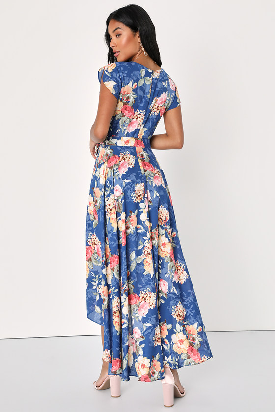 French Countryside Blue Floral Print High-Low Dress back