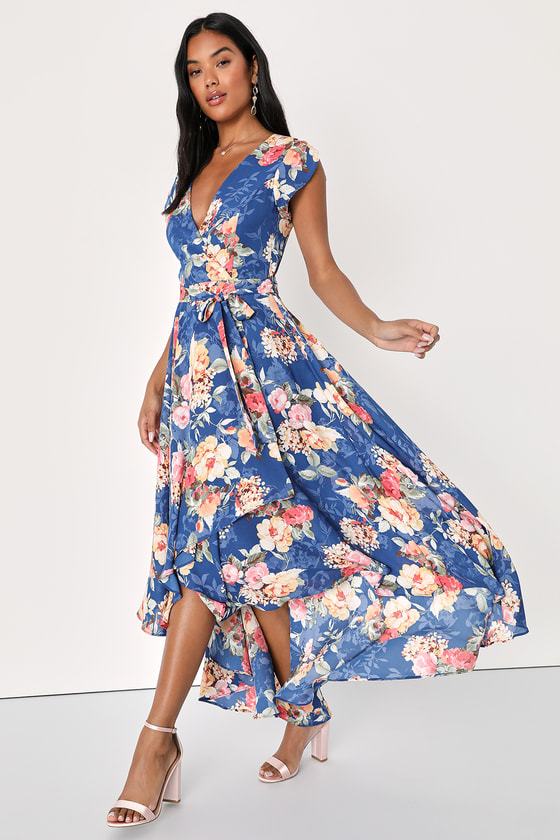 French Countryside Blue Floral Print High-Low Dress front.