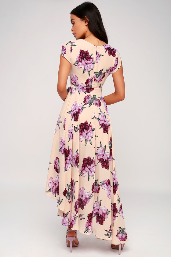 French Countryside Blush Floral Print High-Low Dress back.