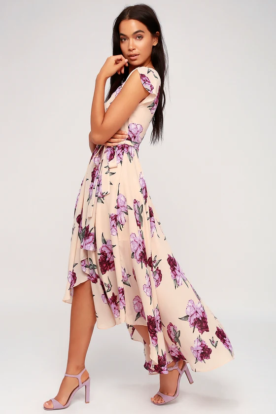 French Countryside Blush Floral Print High-Low Dress back