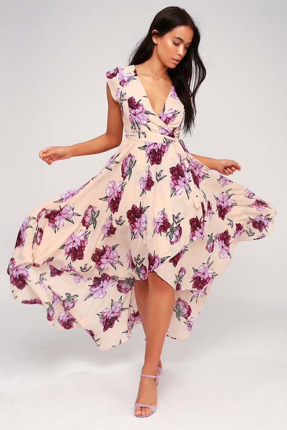 French Countryside Blush Floral Print High-Low Dress front