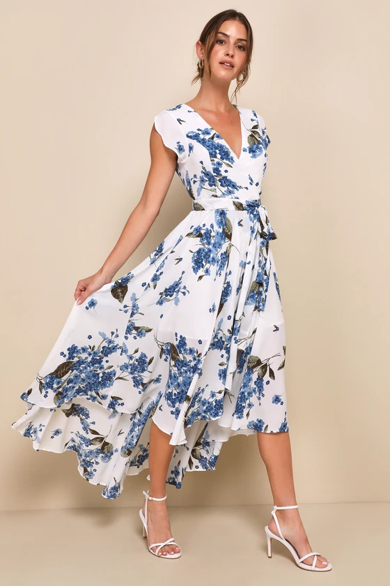 French Countryside White Floral Print High-Low Dress front