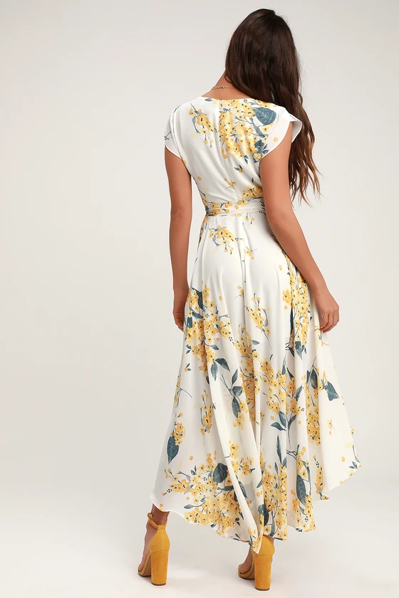 French Countryside White and Yellow Floral Print High-Low Dress back