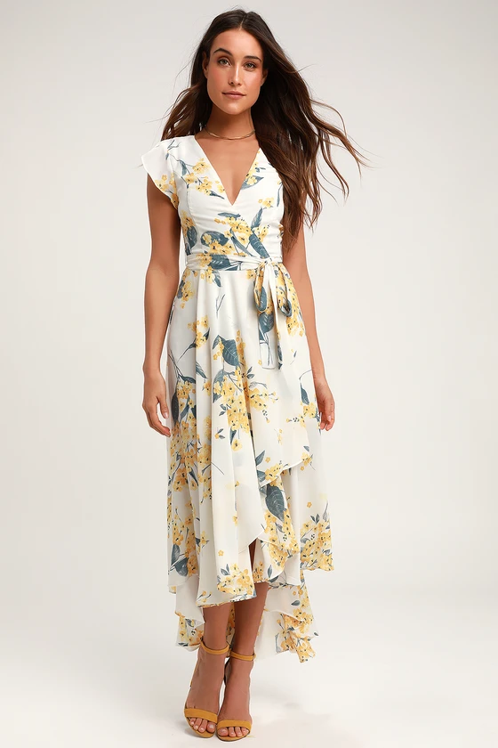 French Countryside White and Yellow Floral Print High-Low Dress front