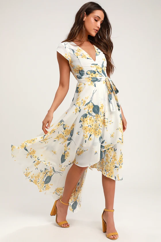 French Countryside White and Yellow Floral Print High-Low Dress front..