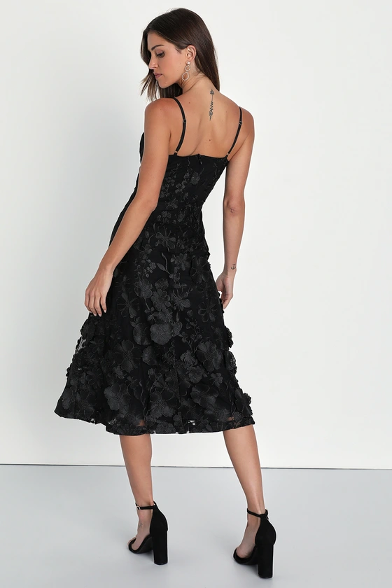 Glamour Garden Black 3D Floral Embroidered Midi Dress back