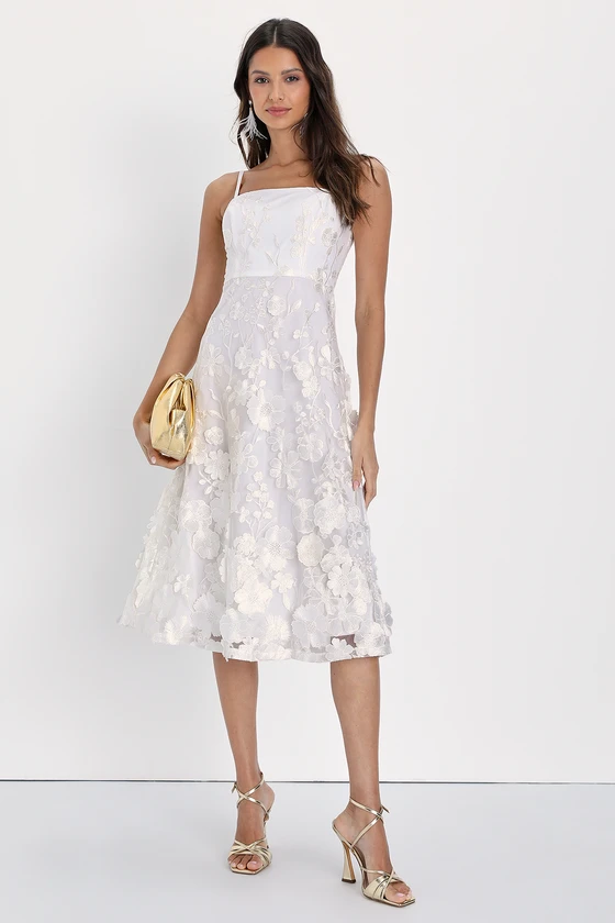 Glamour Garden White 3D Floral Embroidered Midi Dress front