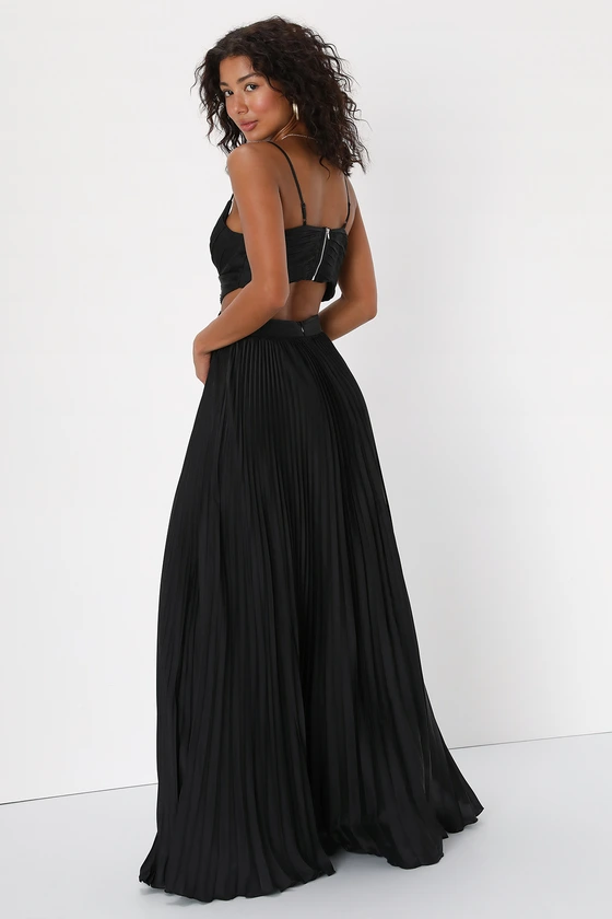 Got the Glam Black Pleated Cutout Maxi Dress Front back