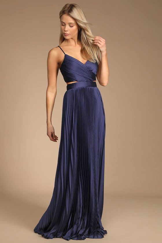 Got the Glam Navy Blue Pleated Cutout Maxi Dress front