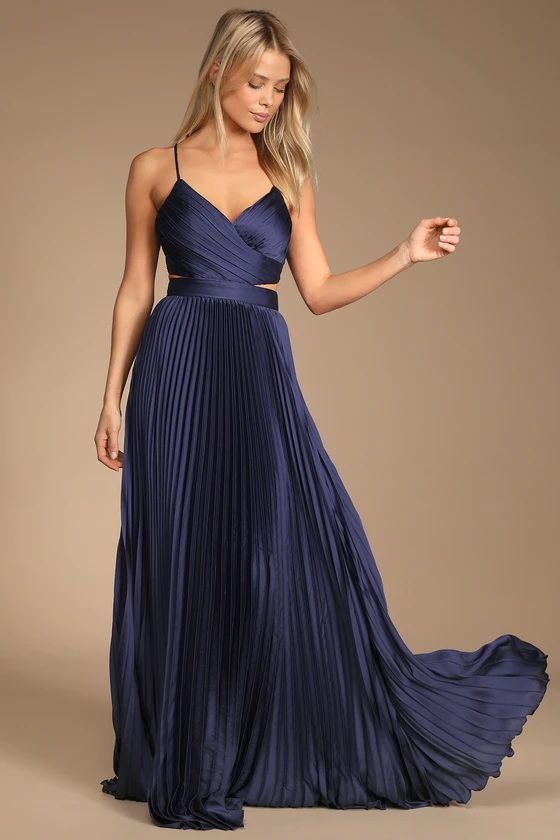 Got the Glam Navy Blue Pleated Cutout Maxi Dress front..