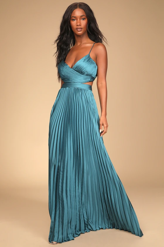Got the Glam Teal Pleated Cutout Maxi Dress Front