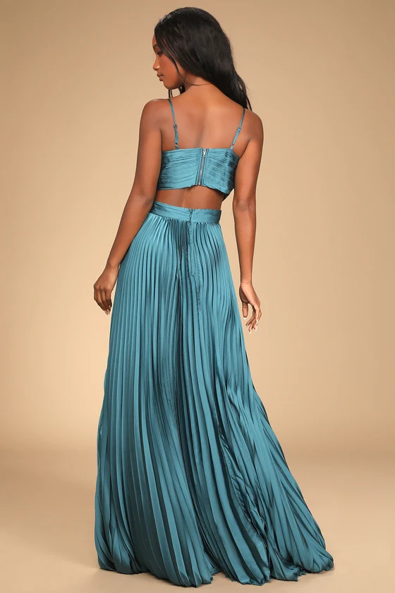 Got the Glam Teal Pleated Cutout Maxi Dress back