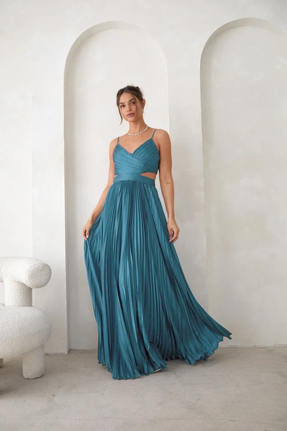 Got the Glam Teal Pleated Cutout Maxi Dress front.