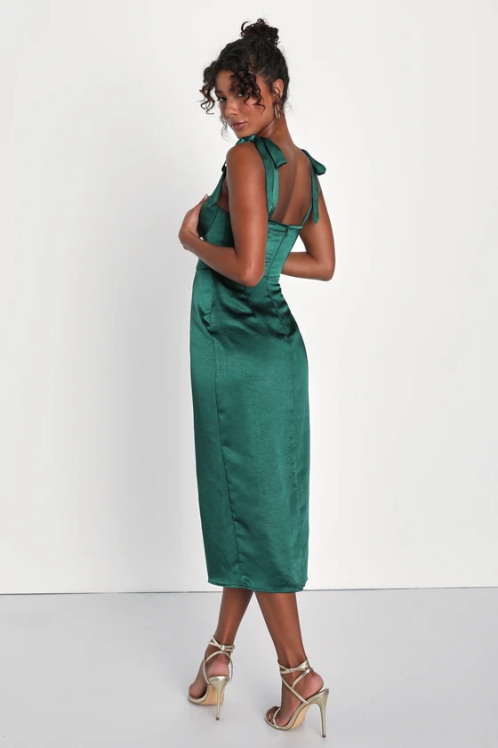 Graceful Sophistication Emerald Green Satin Tie-Strap Midi Dress back