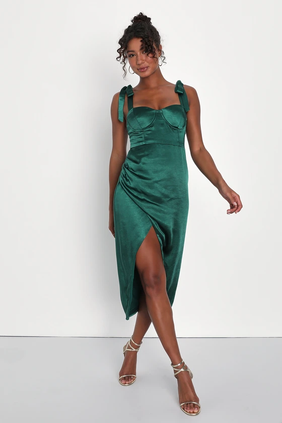 Graceful Sophistication Emerald Green Satin Tie-Strap Midi Dress front