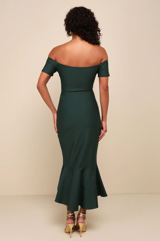 How Much I Care Dark Green Off-the-Shoulder Midi Dress back