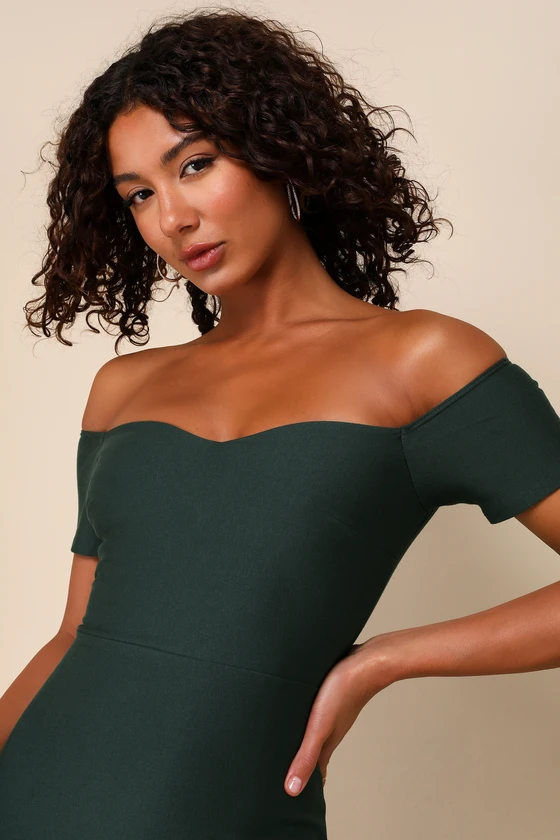 How Much I Care Dark Green Off-the-Shoulder Midi Dress details