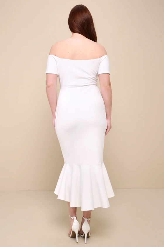 How Much I Care Ivory Off-the-Shoulder Midi Dress back