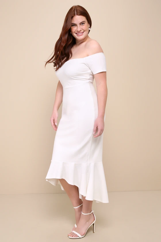 How Much I Care Ivory Off-the-Shoulder Midi Dress front
