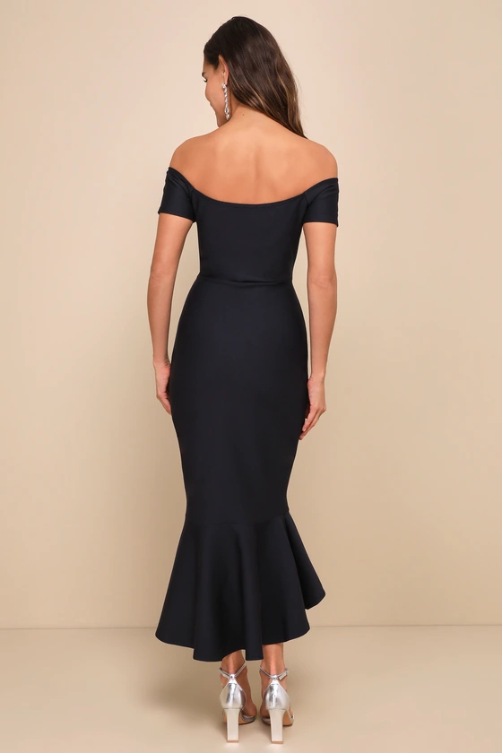 How Much I Care Midnight Blue Off-the-Shoulder Midi Dress back