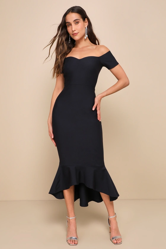 How Much I Care Midnight Blue Off-the-Shoulder Midi Dress front