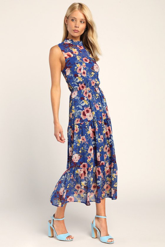 In My Dreams Blue Floral Print Midi Dress front