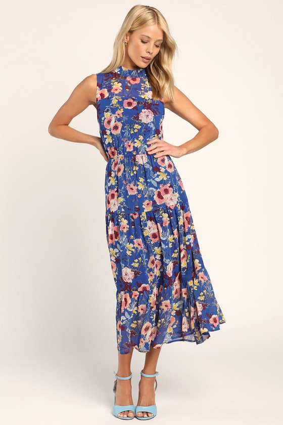 In My Dreams Blue Floral Print Midi Dress front.