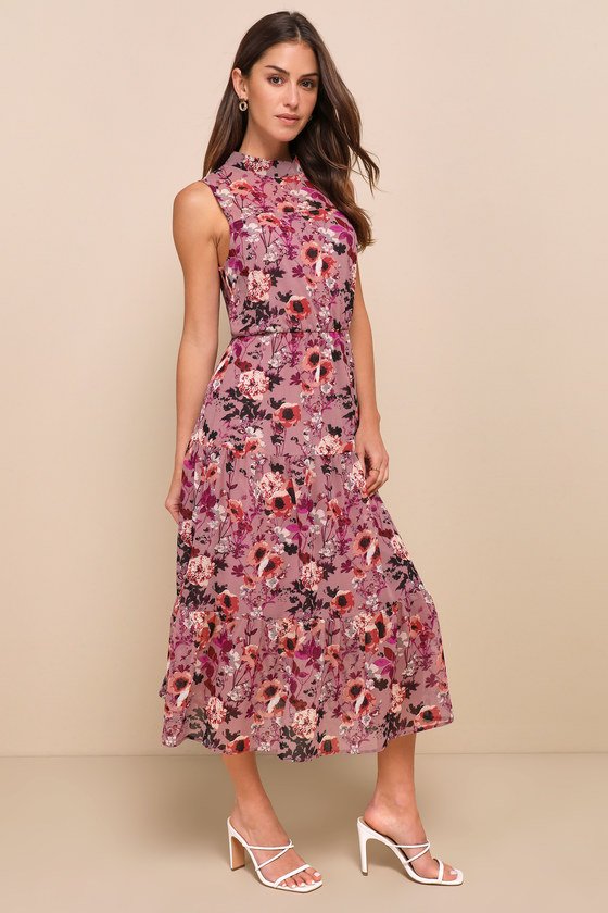 In My Dreams Mauve Floral Print Midi Dress front