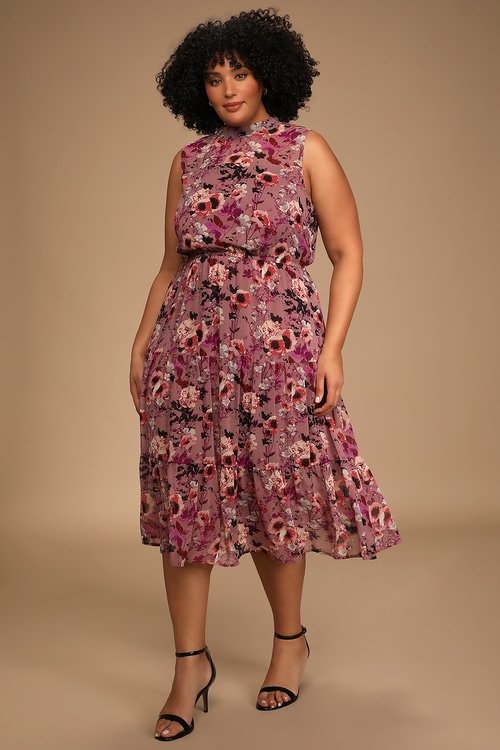 In My Dreams Mauve Floral Print Midi Dress front...