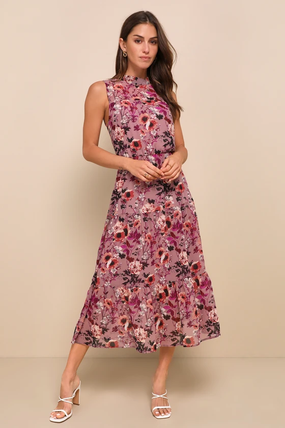 In My Dreams Mauve Floral Print Midi Dress front.