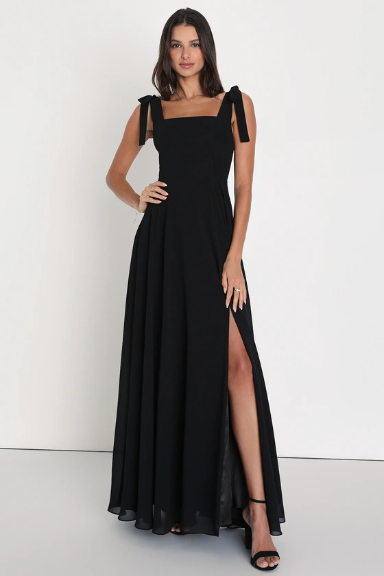 Love Me Forever Black Tie-Strap Square Neck Maxi Dress front.