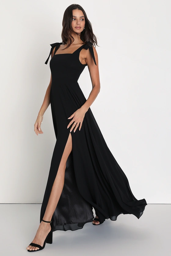 Love Me Forever Black Tie-Strap Square Neck Maxi Dress side